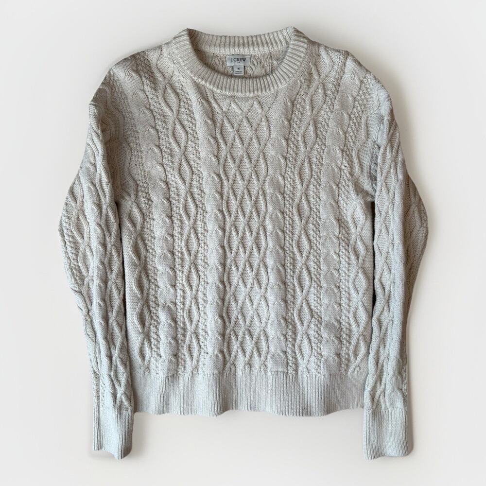 J Crew Fisherman Sweater Women's Small Cream Cotton Cable Knit Pullover Winter